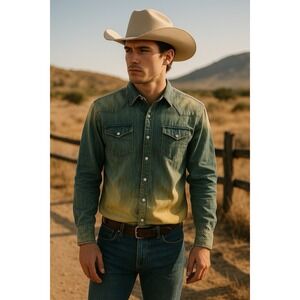 H Bar C Western Shirt Mens M Acid Wash Faded Denim Pearl Snap Cowboy Vtg